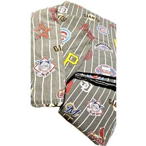 PBteen MLB Baseball Sheet Set Full Double Sports Team Logos Gray Pinstripe...